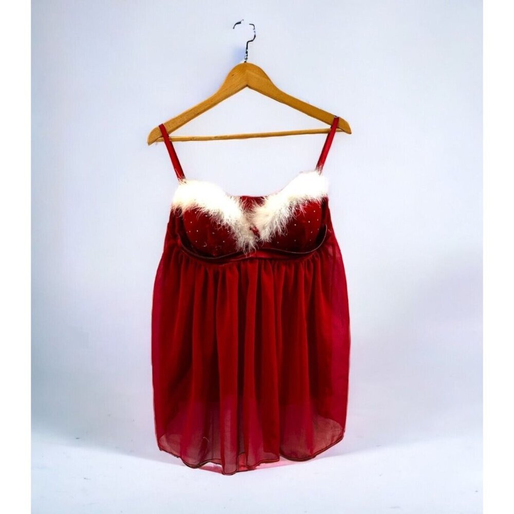 Peek-A-Boudoir Red‎ Velvet Baby Doll Nightie Feathery Trim Sequins Valentines XL